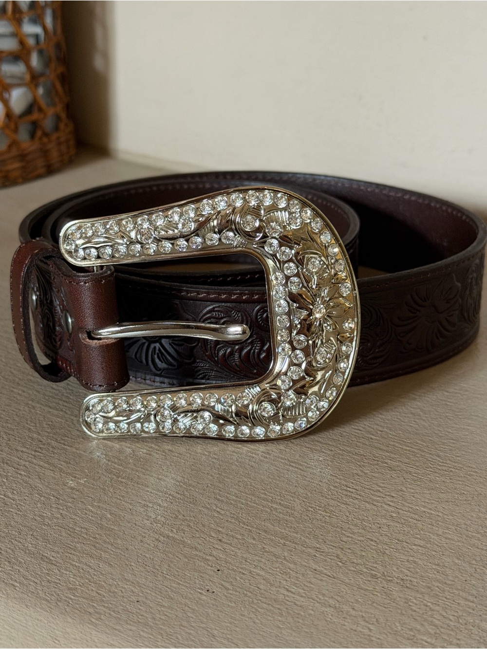 NWOT Idyllwind Brown Leather Belt with Jeweled Silver Western Buckle